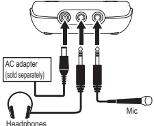 Schematic showing the plugs (ltr): AC adapter, headphone, and microphone
input
